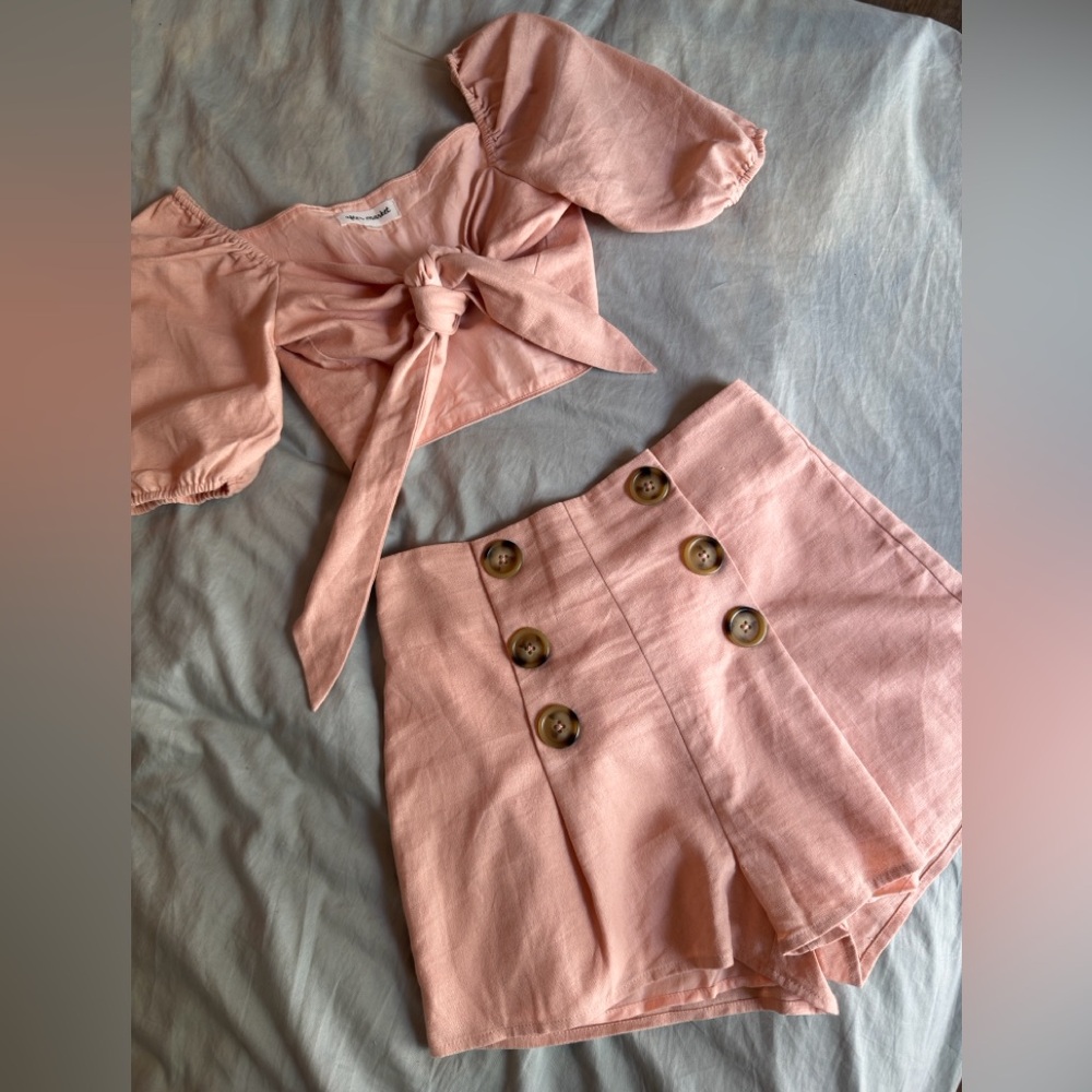 Pink Tie-Front Crop Top & High Waist Button Shorts Set